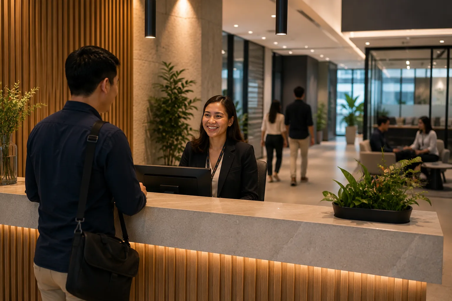 Bright reception of a modern Philippine BPO office in warm morning light