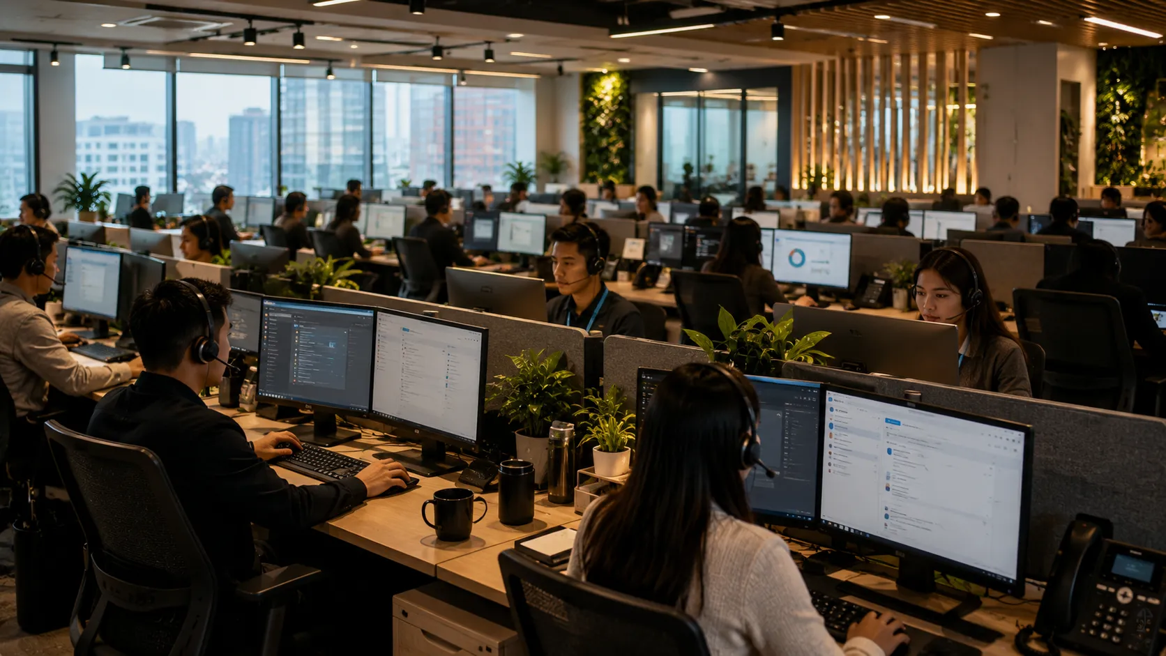 A modern BPO operations floor in the Philippines with agents at workstations