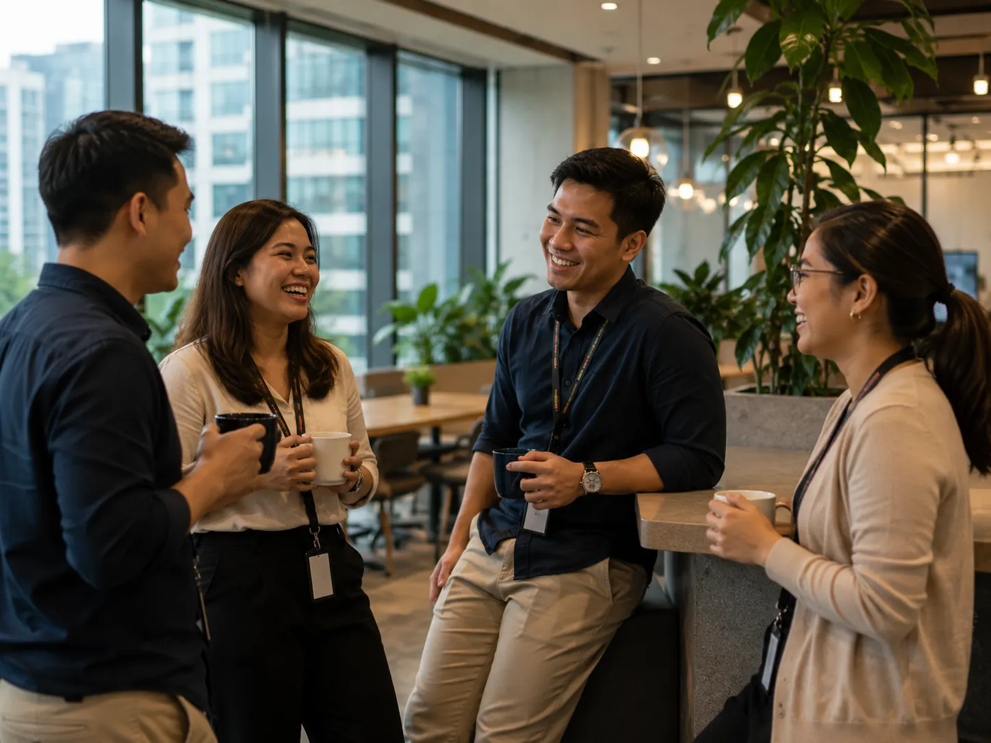 Filipino professionals in conversation during a coffee break at a modern office